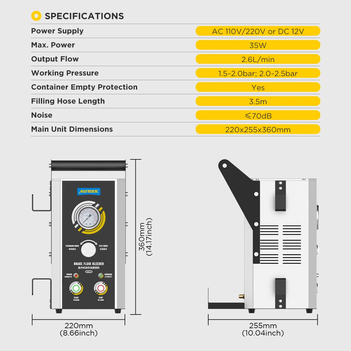 AST609 power, flow, pressure and dimensions