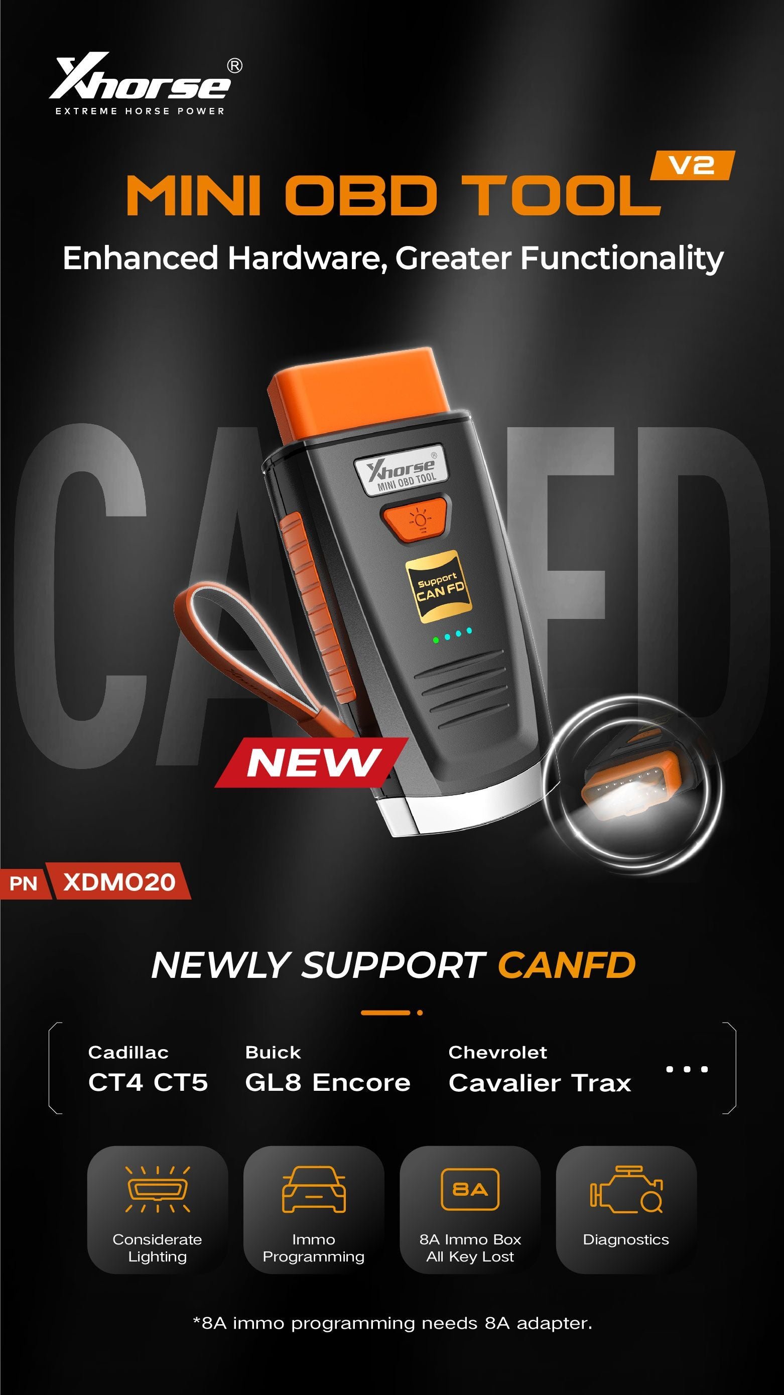 Xhorse Mini OBD Tool V2 XDMO20 with Toyota 8A H Chip Non-Smart Key All Keys Lost Adapter — product information