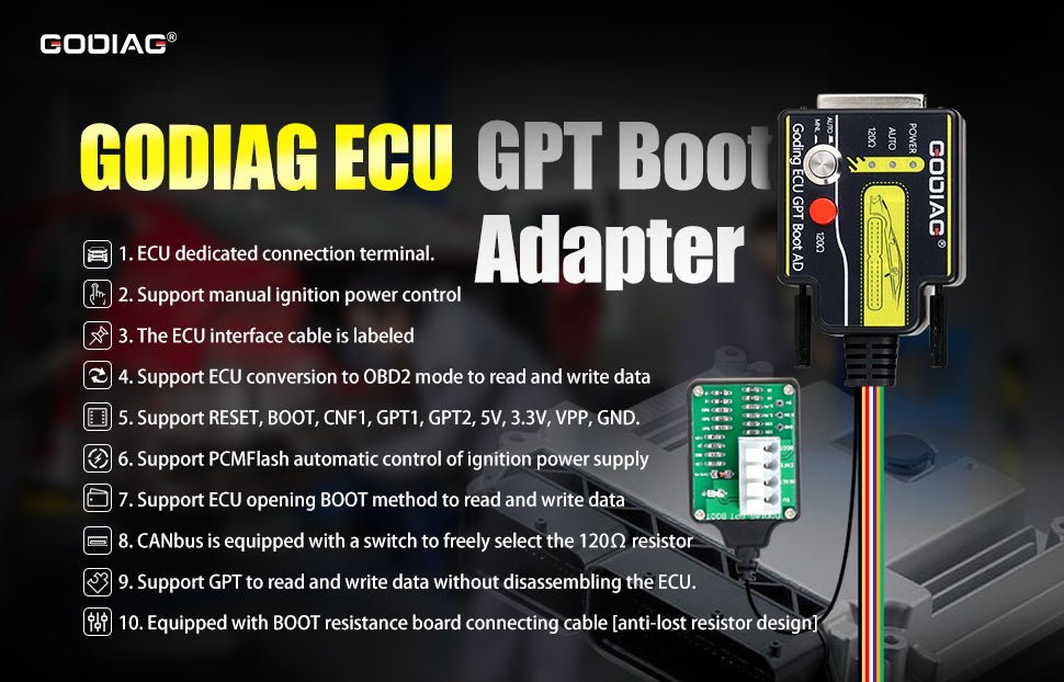 Xhorse Multi-Prog ECU and TCU Programmer with GODIAG GT100 and ECU GPT Boot AD Connector for ECU Reading and Writing — product information